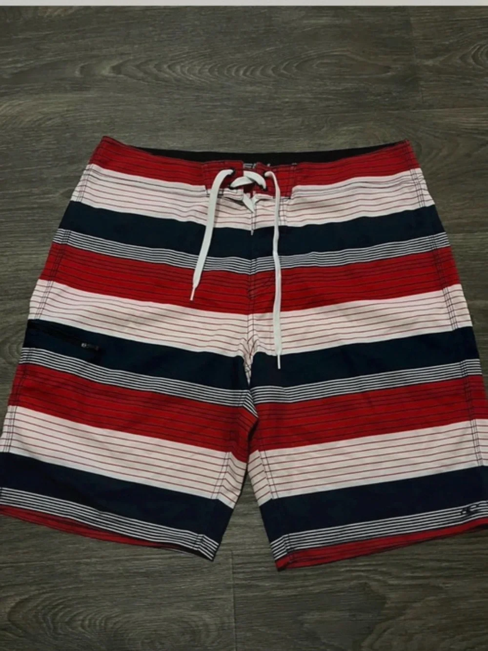 O'Neill Red, Navy & White Striped Board Shorts